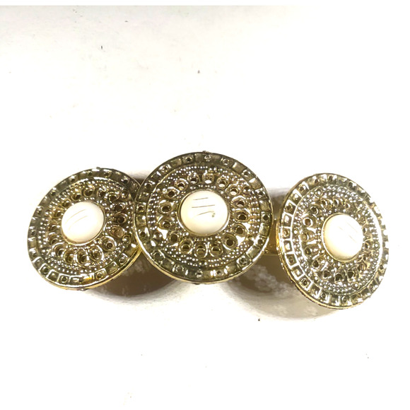 Hair Barrette Tension Clip Gold Tone Circles Cream Color Bead Roman Solider - Picture 2 of 6